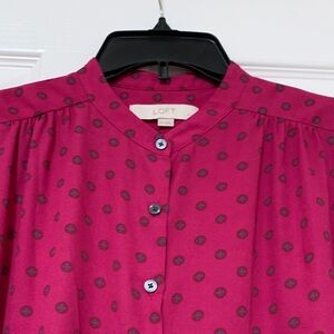 LOFT Magenta Long-Sleeve Feminine Button-Down Blouse with Black Dot Print